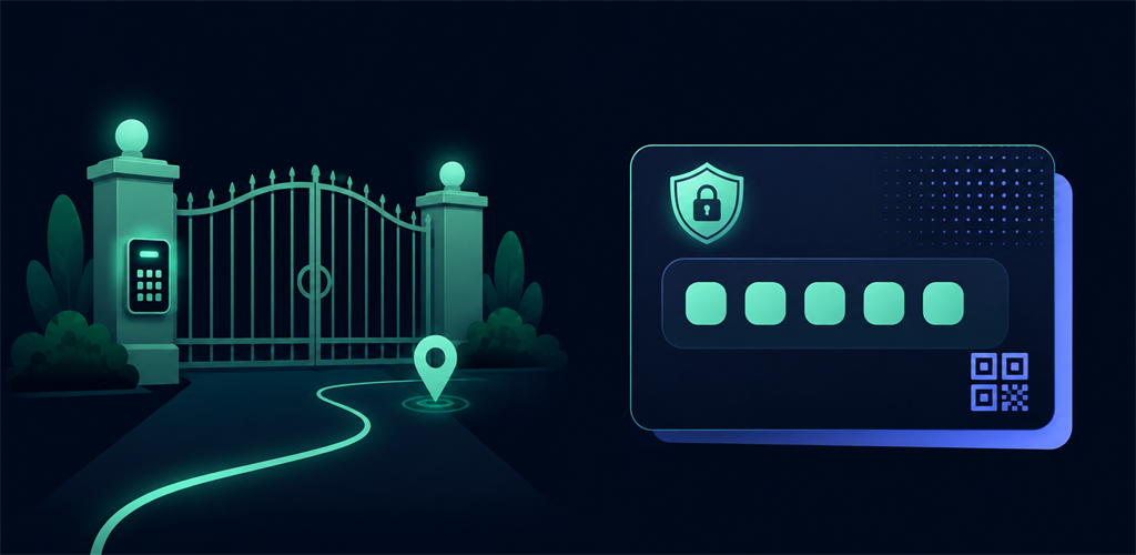An estate gate, location route, access-code card and QR symbol